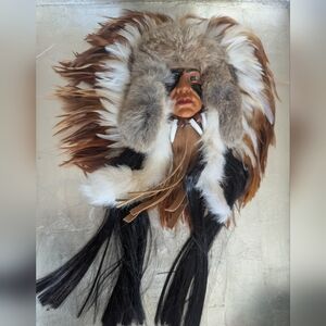 Vintage Native American Headdress Wall Decor Fur Feathers Replica Teeth Hair